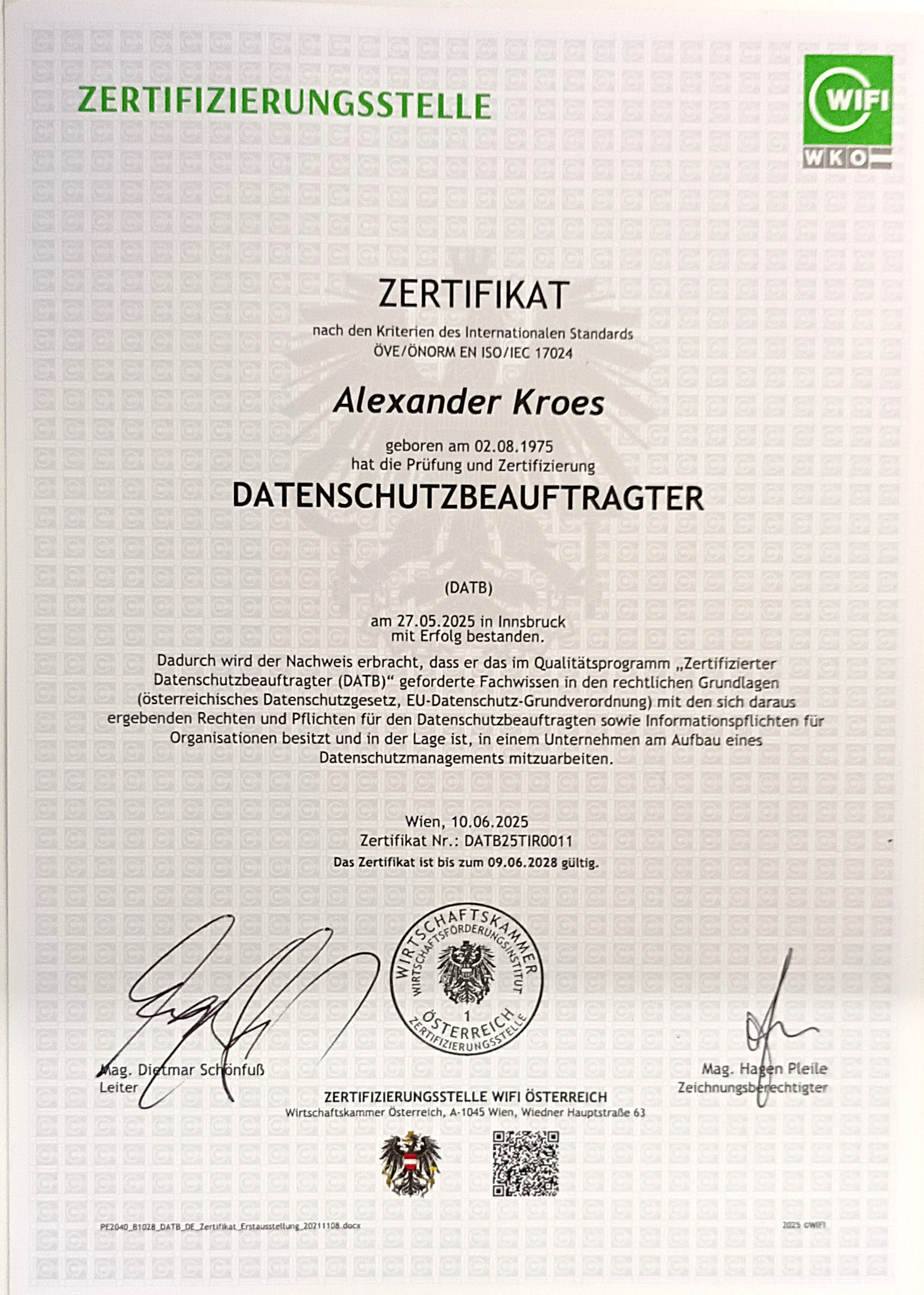 Zertifikat Alexander Kroes